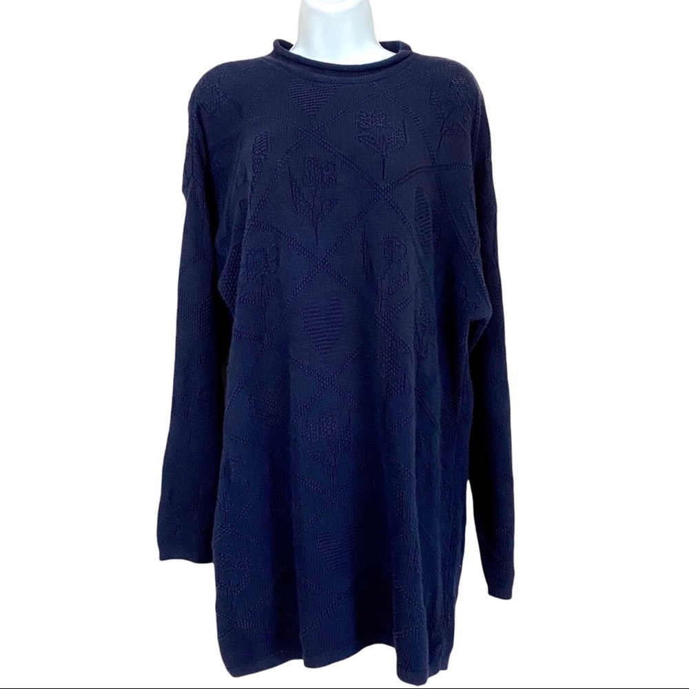 Vintage Navy Chunky Knit Textured Longline Cotton Sweater Medium